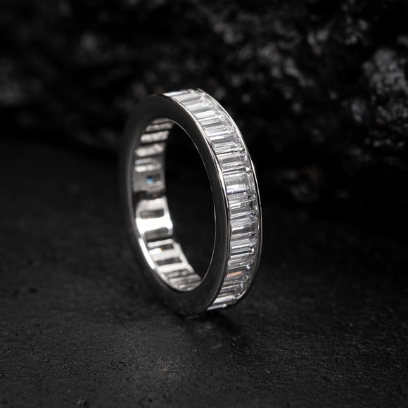 Mens Iced Channel Set Cz Baguette White Gold Plated Eternity Band Statement Ring - Picture 1 of 5